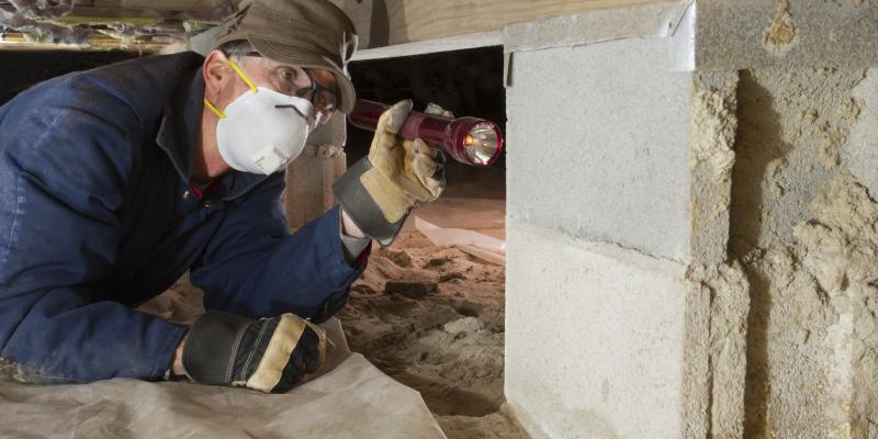 A man in a respirator in a crawlspace with a flashlight