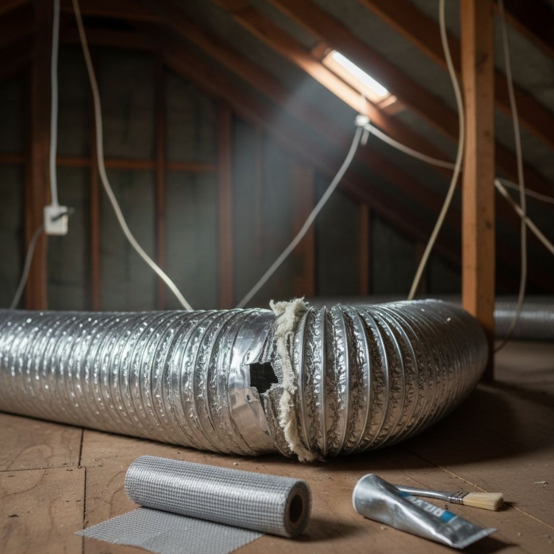 Exposed HVAC ductwork in an attic shows a minor tear, indicating a need for sealing.