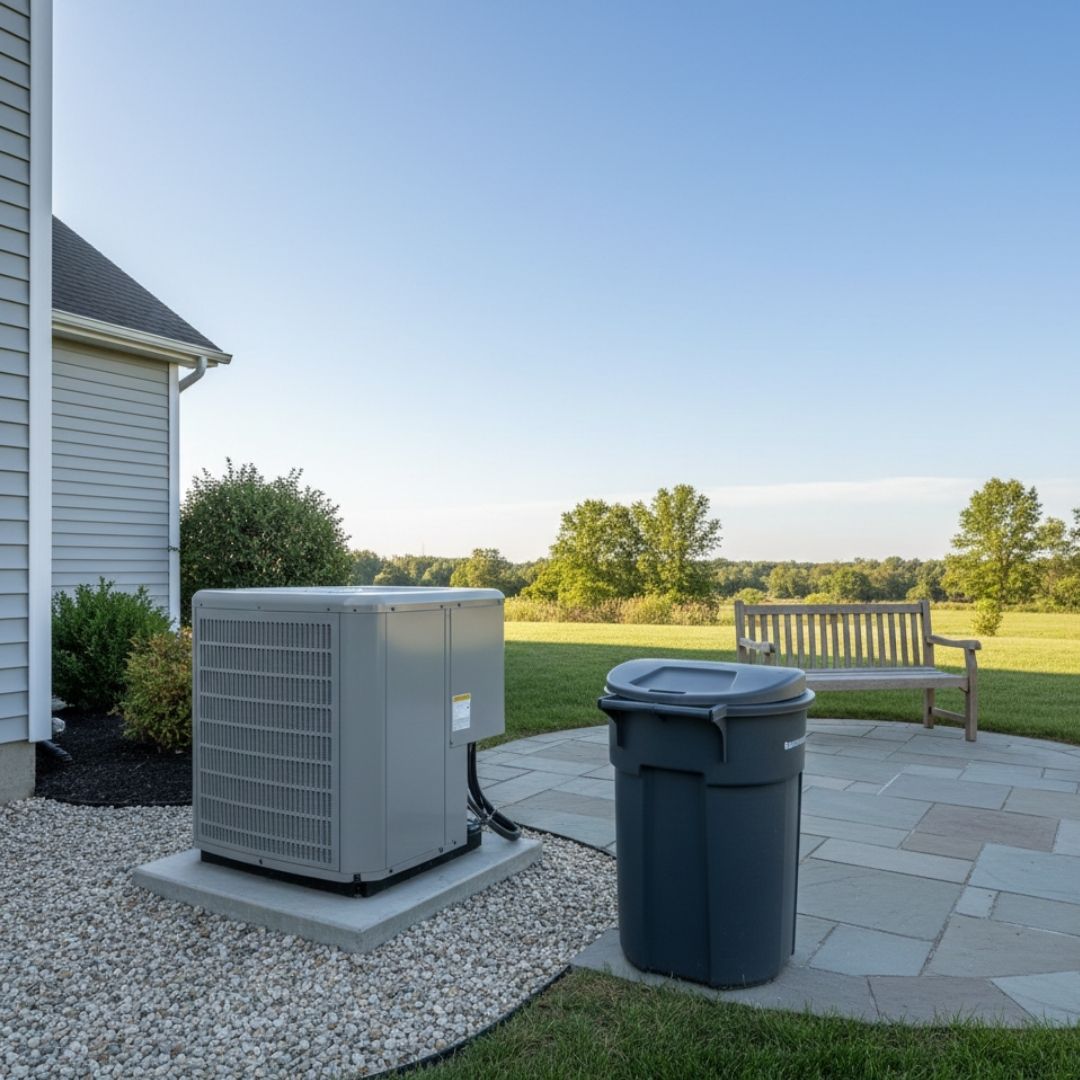 A clean outdoor area surrounds an HVAC unit, free of debris or standing water.