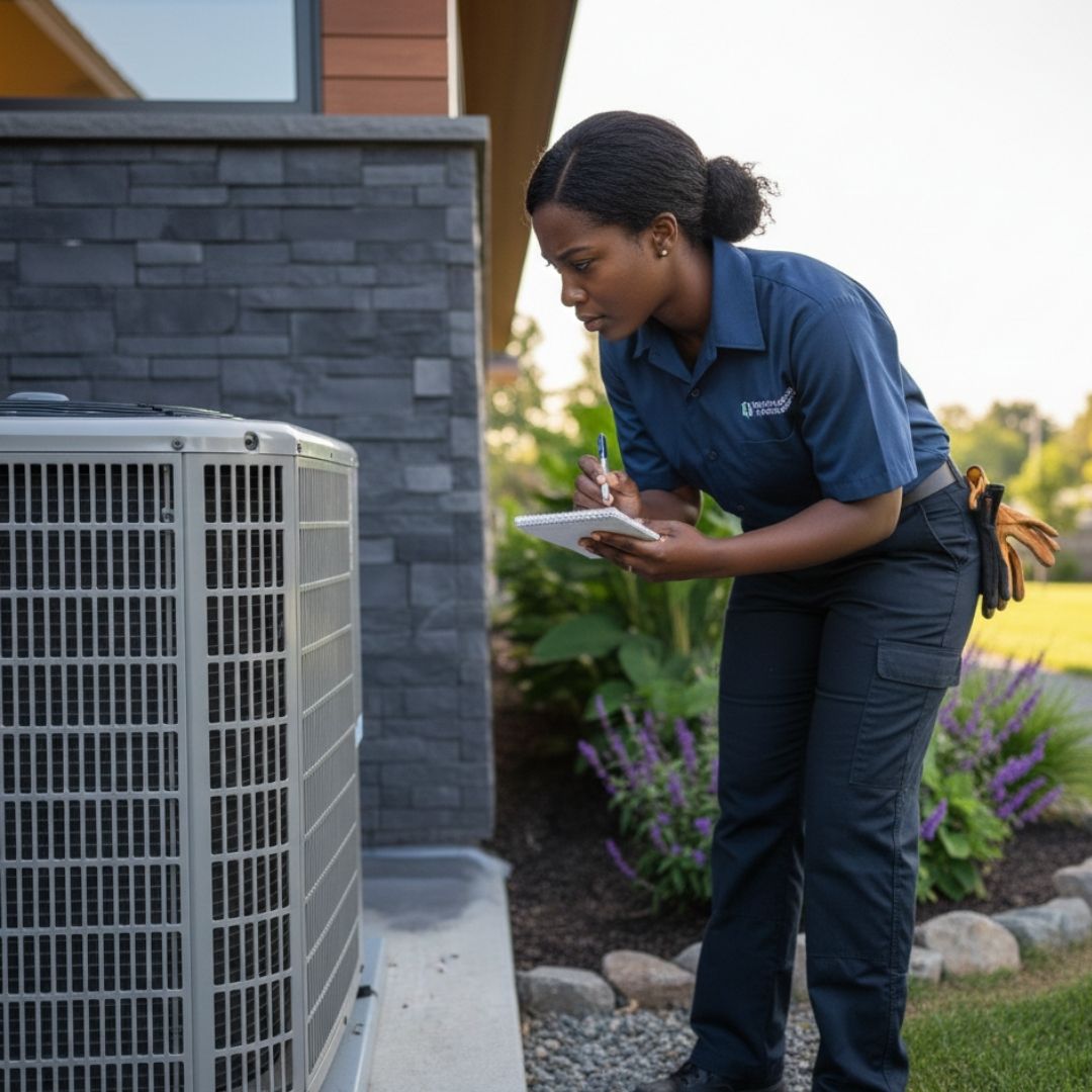 A professional pest control technician inspects a residential HVAC system with diligence.