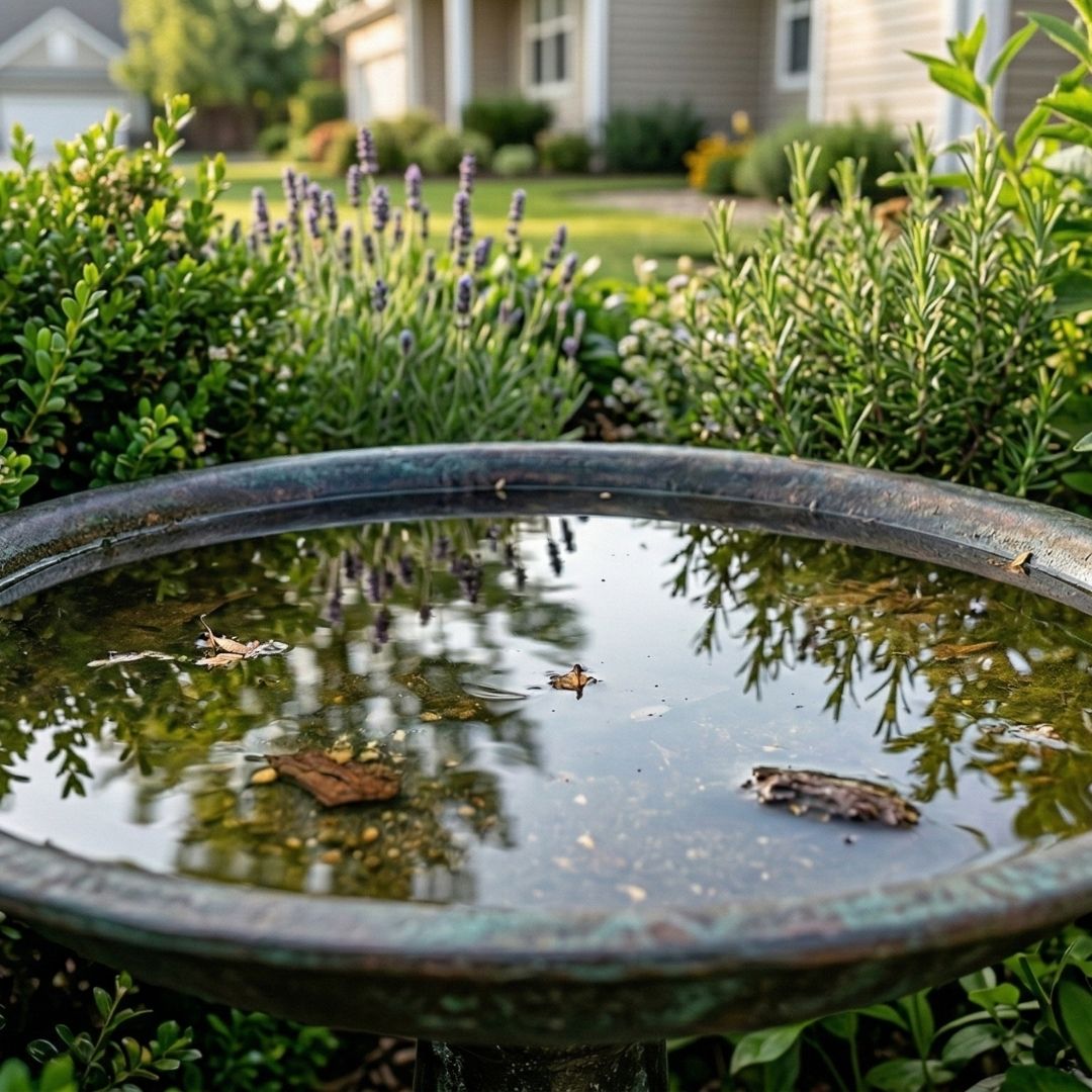 A close-up view of standing water collected in a birdbath surrounded by green bushes.