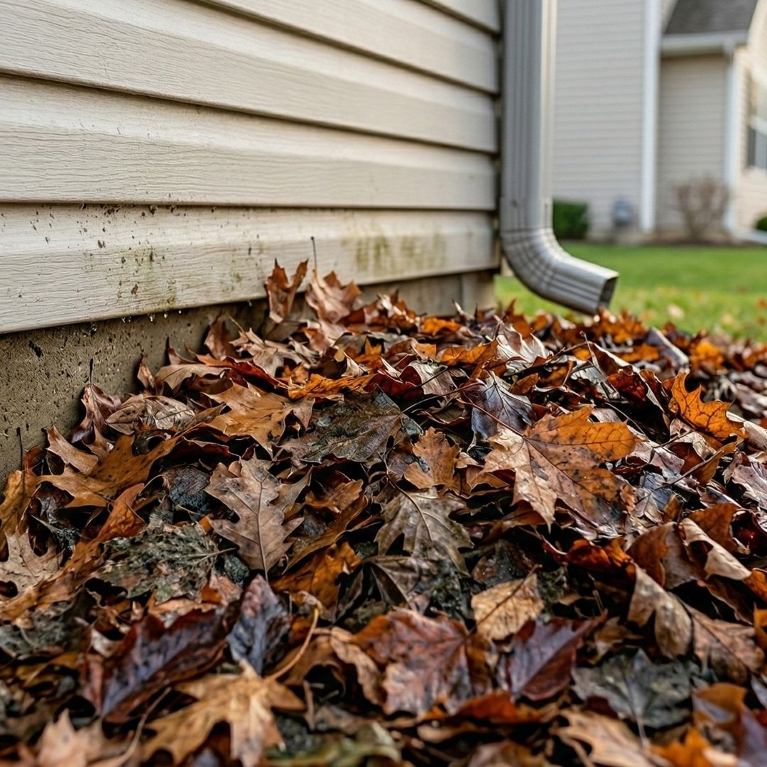 An outdoor shot showing a substantial accumulation of damp, decaying autumn leaves piled near the base of a home.