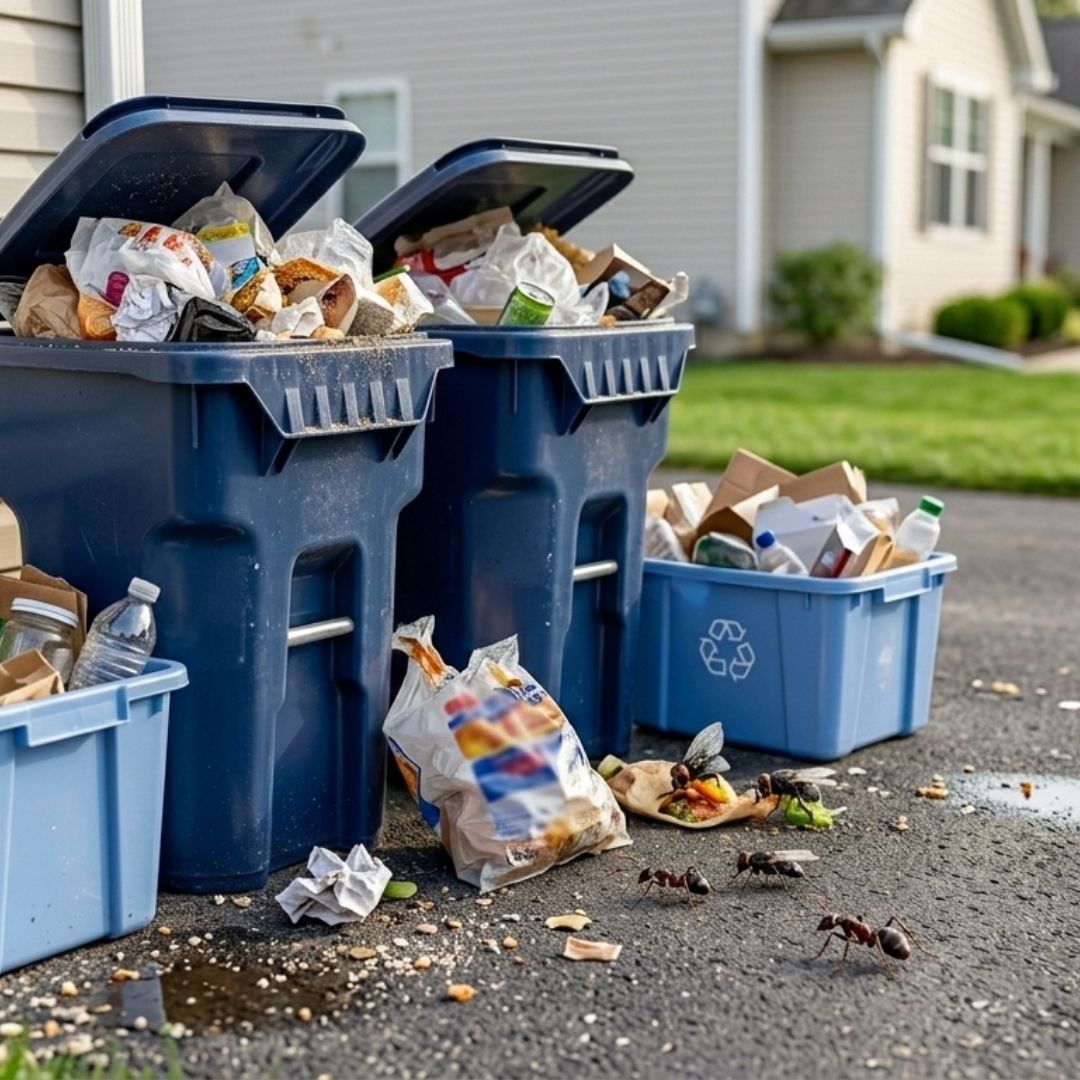 Two open, full trash cans and recycling bins sit near an asphalt drive, potentially attracting pests.