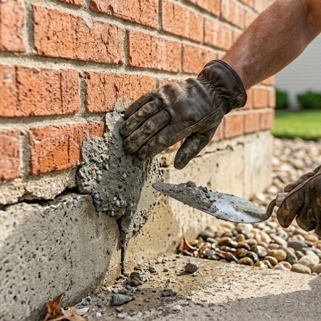 A man in work clothes repairing small cracks in concrete steps and patio foundation.
