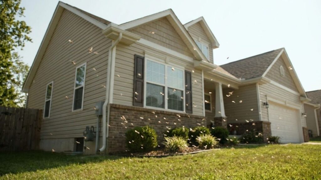 A modern suburban home with many small winged insects, identified as termites, flying near the foundation and windows in the warm sunlight.