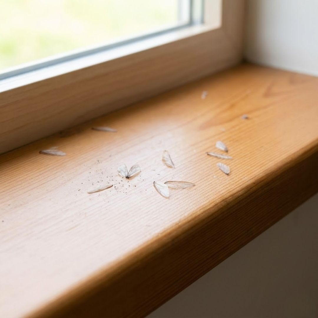 A close-up view of a wooden windowsill indoors showing numerous discarded translucent termite wings scattered after a swarm.