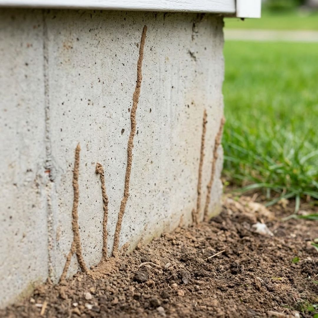 A detailed close-up showing termite mud tubes ascending a residential concrete foundation wall from the soil.