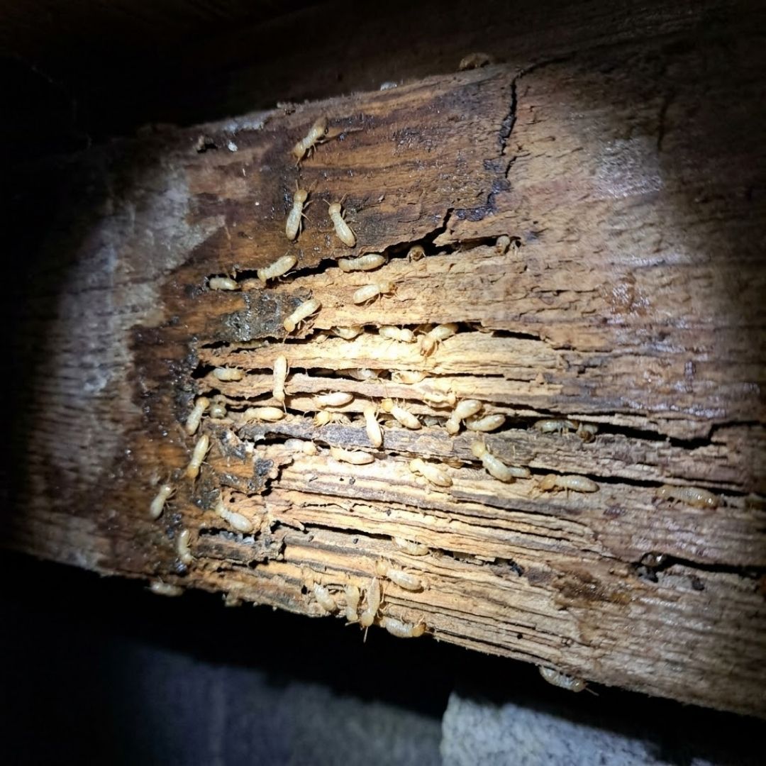 A macro image of subterranean termites actively tunneling and eating into a damp wooden structural beam in a dark crawlspace.