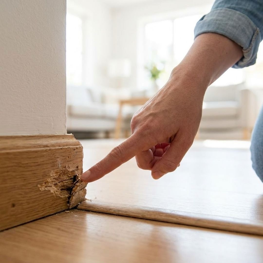 A homeowner pointing at suspected termite damage.