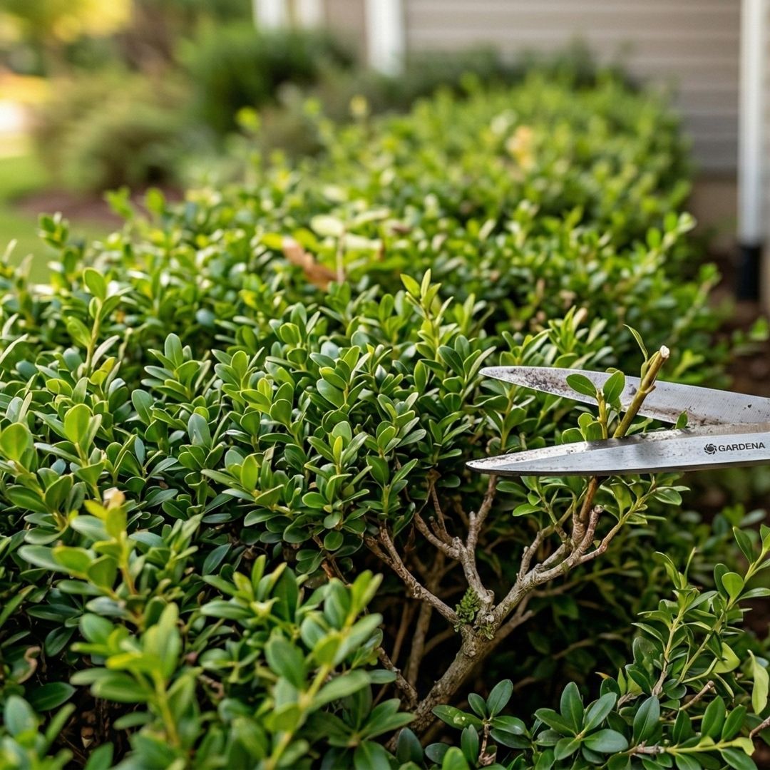 A person maintaining a clear gap between green bushes and a house foundation.