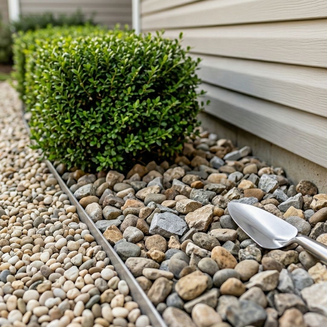 A clean border of decorative stones used as a dry barrier against a house.