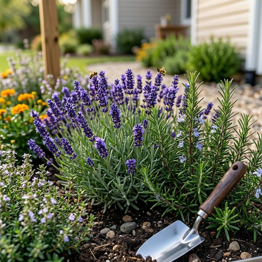 Fragrant, pest-resistant herbs flourishing in a bright outdoor garden bed.