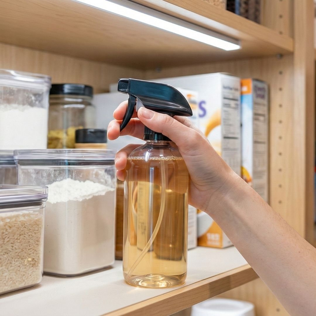 A homeowner’s hand reaching for a plain, unlabeled spray bottle in a brightly lit pantry.