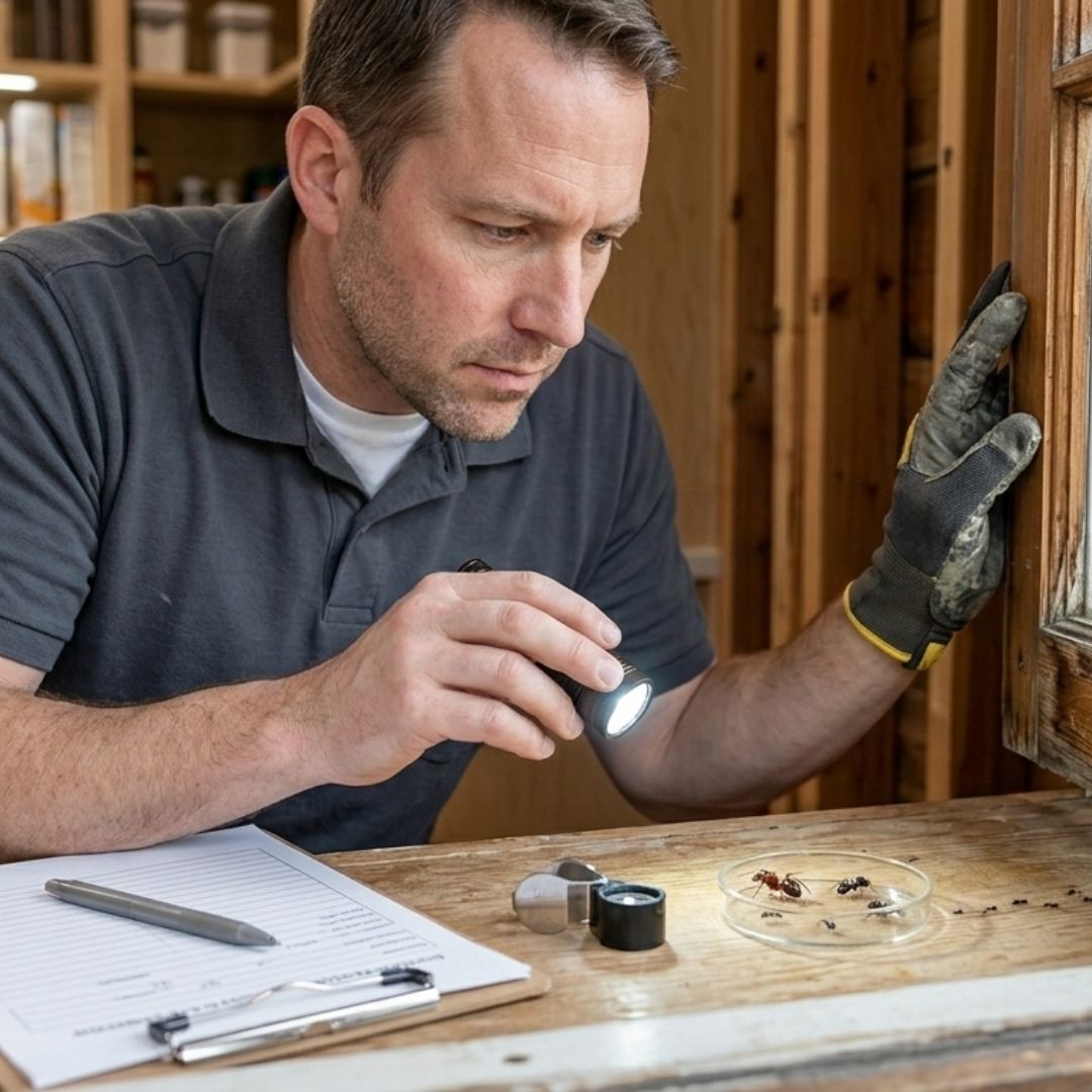 A professional in a plain polo shirt inspecting a windowsill for signs of different ant species.
