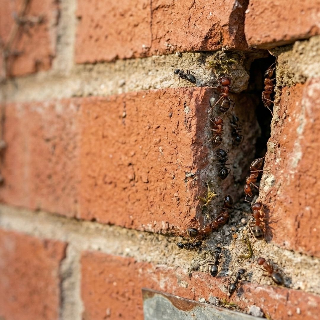 A detailed view of a small crevice in an exterior brick wall where ants are entering.