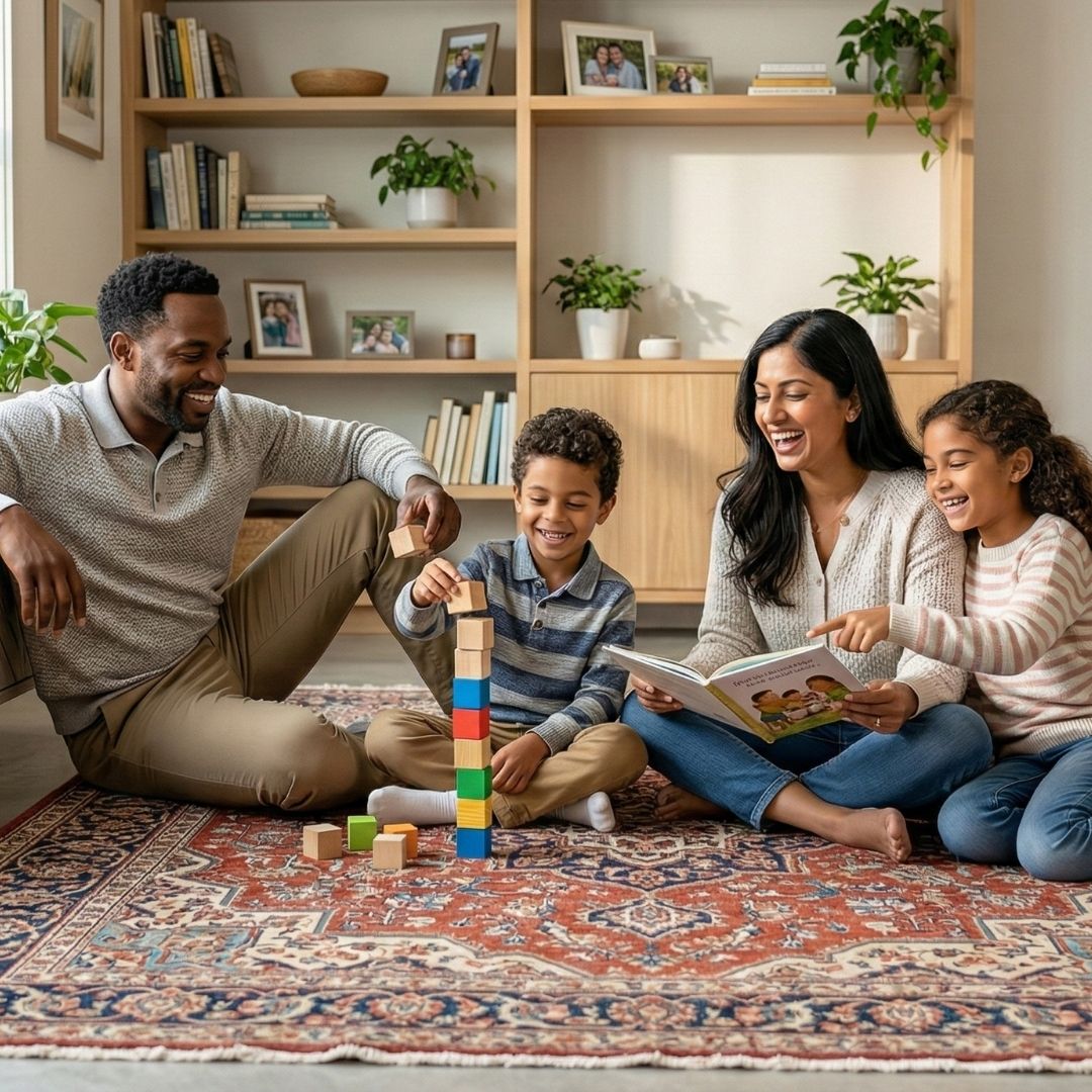 A diverse family enjoying time together on a rug in a bright, pest-free living room.