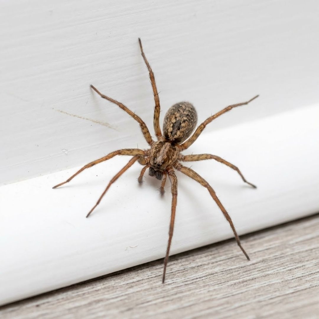 A common house spider is visible on the floor near the white living room baseboards
