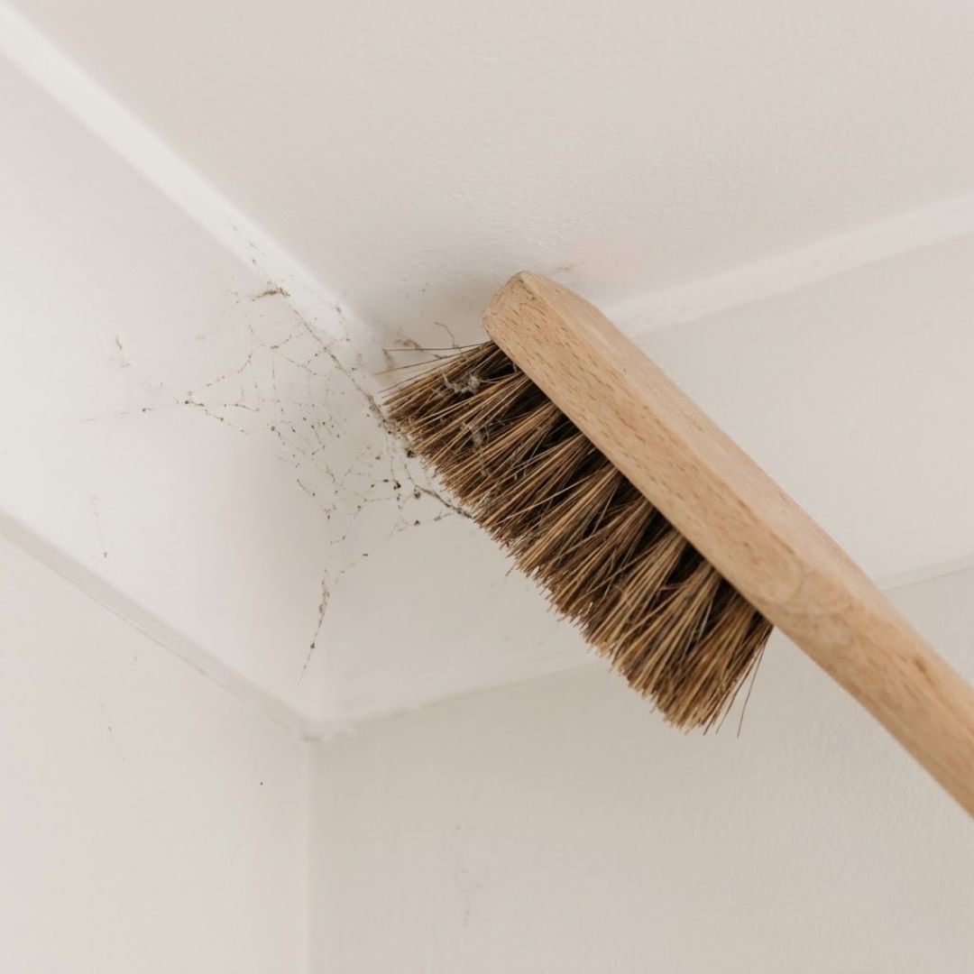 A close-up view of a clean wooden broom head removing a dusty web from a white ceiling corner.