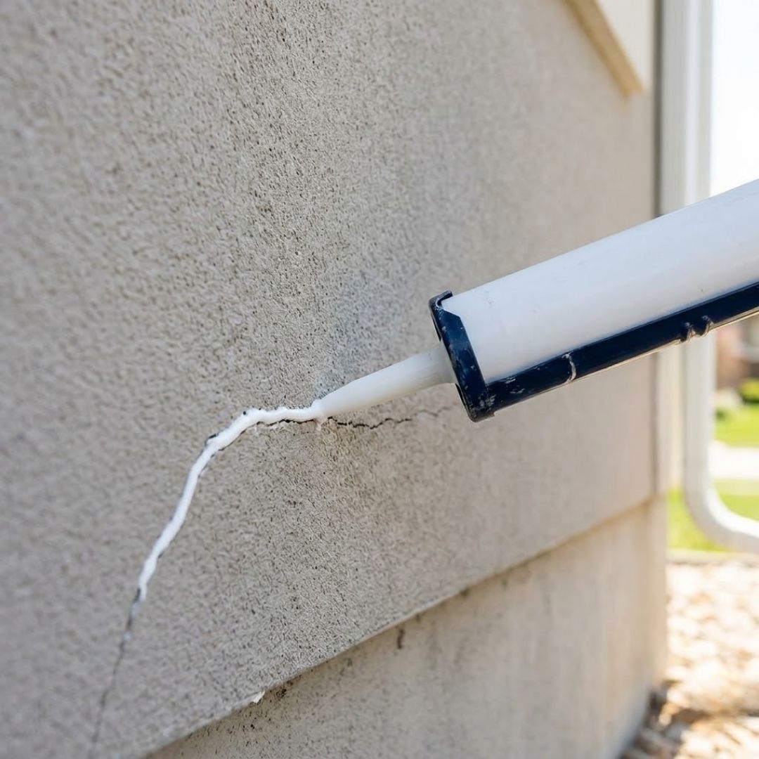 A detailed close-up of a hand using a caulk gun to seal a gap in a home's exterior foundation wall.