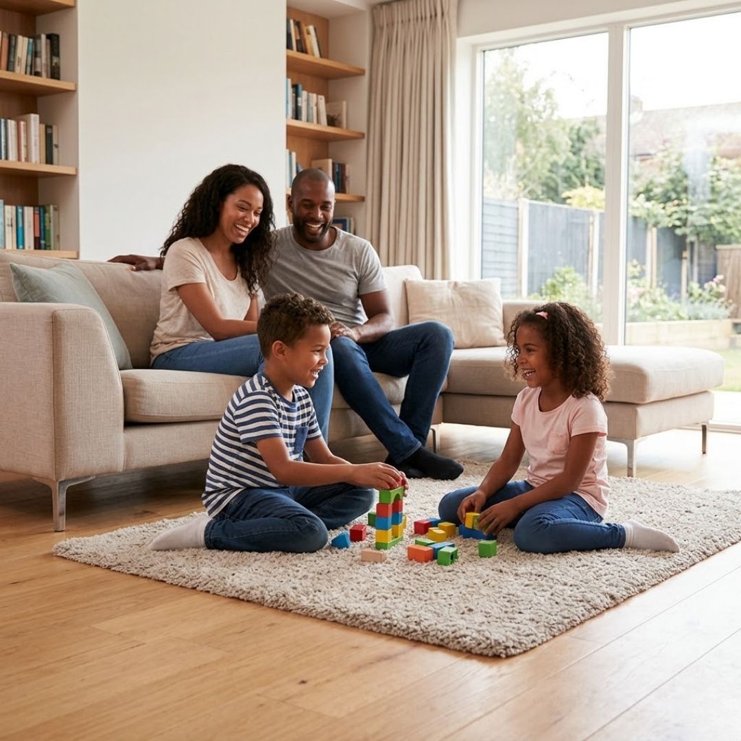 A family of four relaxes and plays in their safe, sunlit living room.