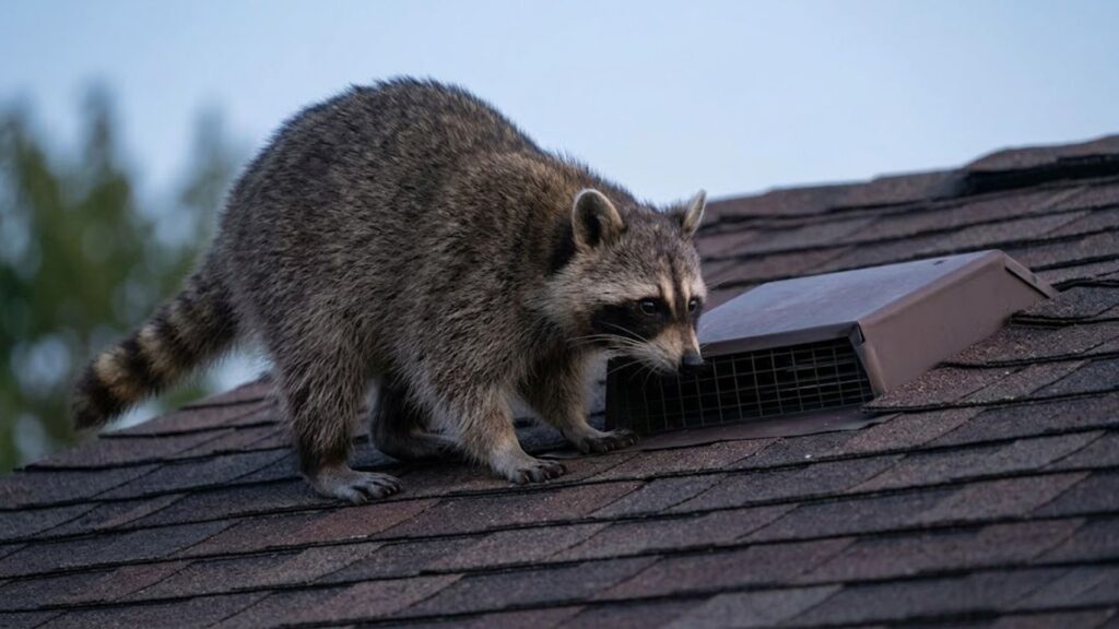 A raccoon examines an attic vent on a shingle roof at dusk.