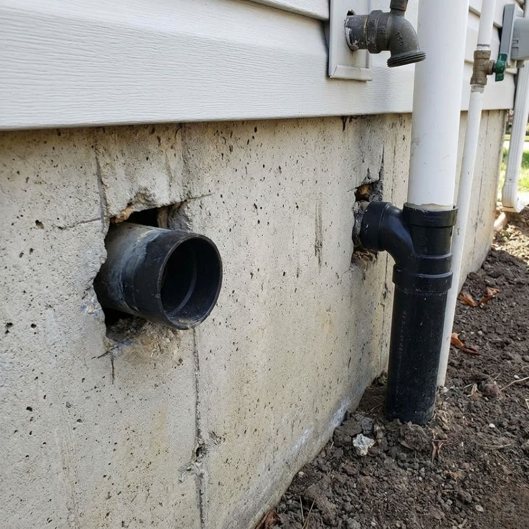 Unsealed gaps are visible in a concrete house foundation near utility pipes.
