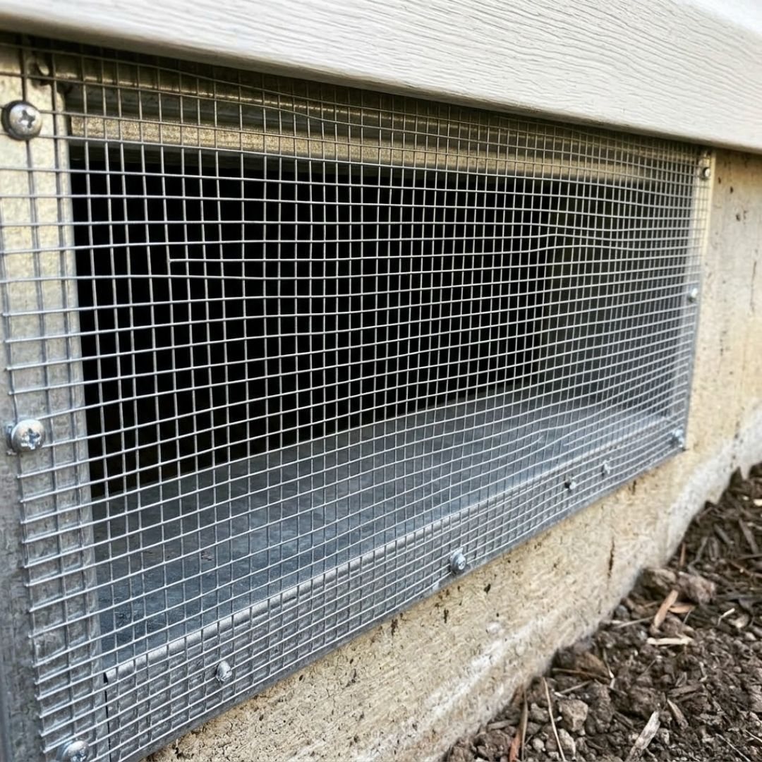 A professional-grade steel mesh screen is securely installed over a foundation vent.