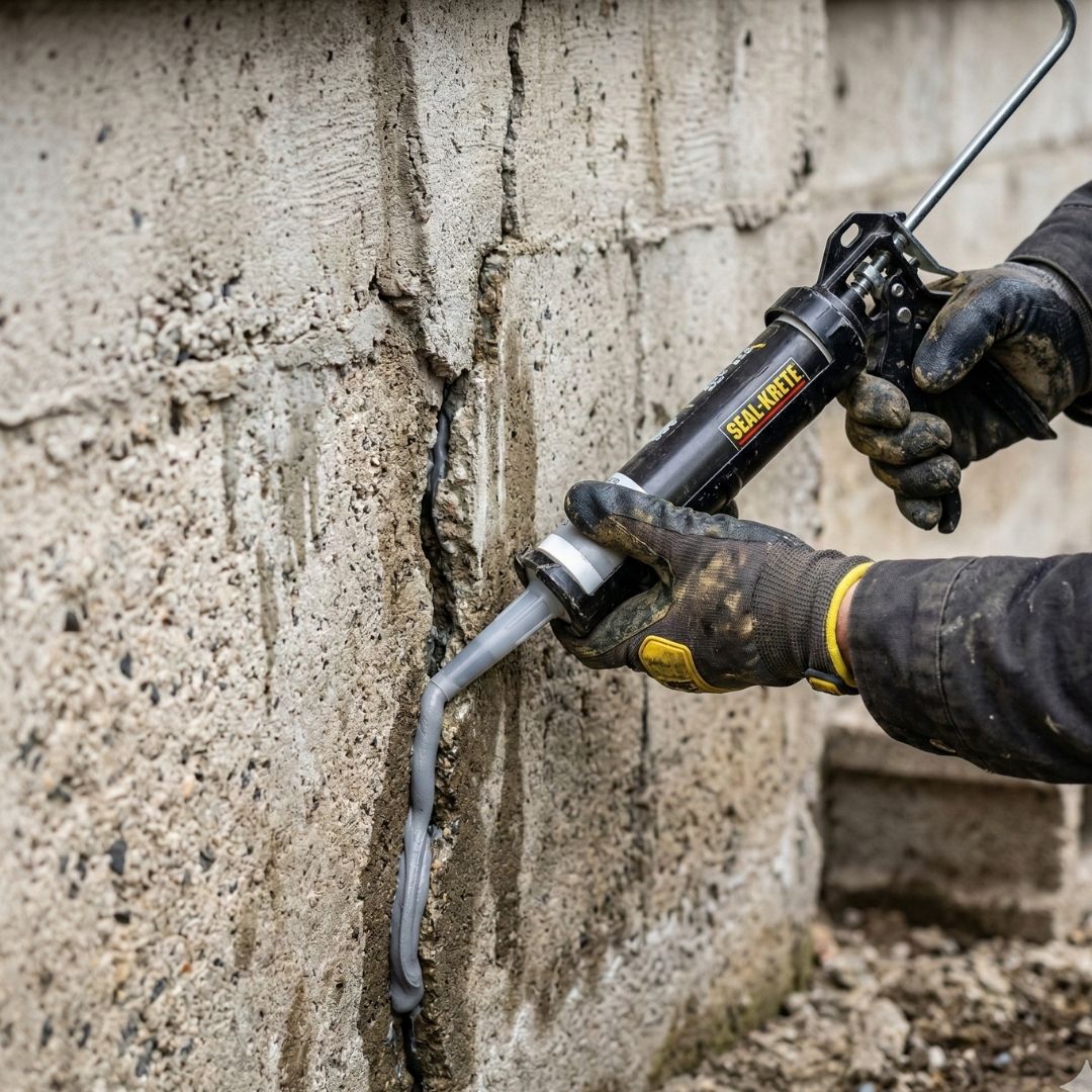Close-up of hands wearing gloves seals crack in foundation.