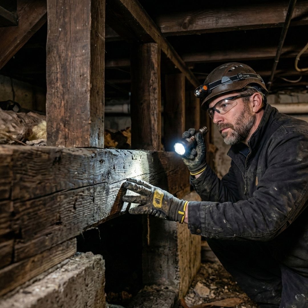 Focused worker inspects wooden beams with flashlight.