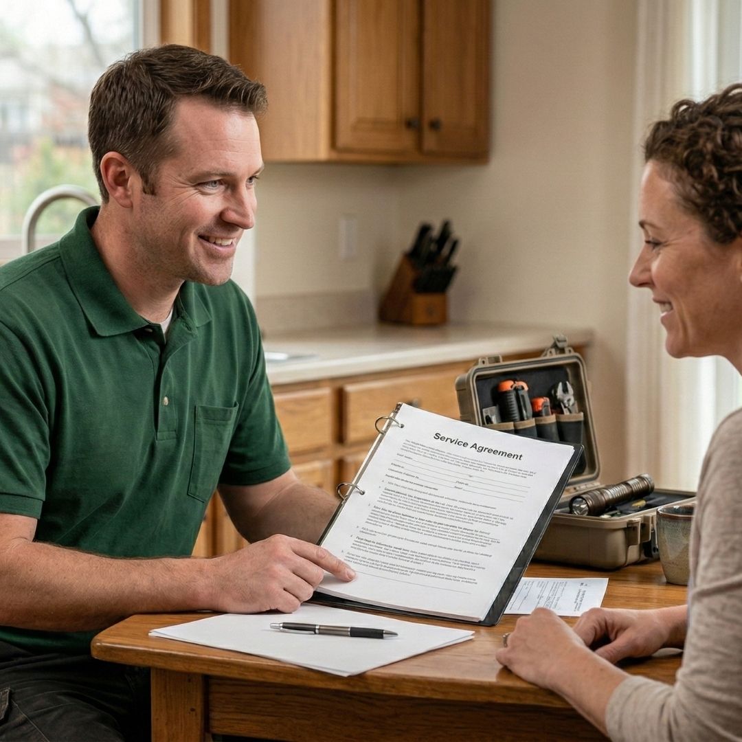 Smiling technician in a plain green polo explains service agreement to a customer in their home