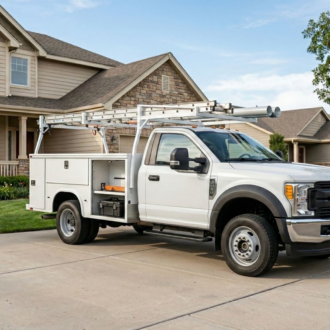 Clean utility truck parked neatly in residential driveway.