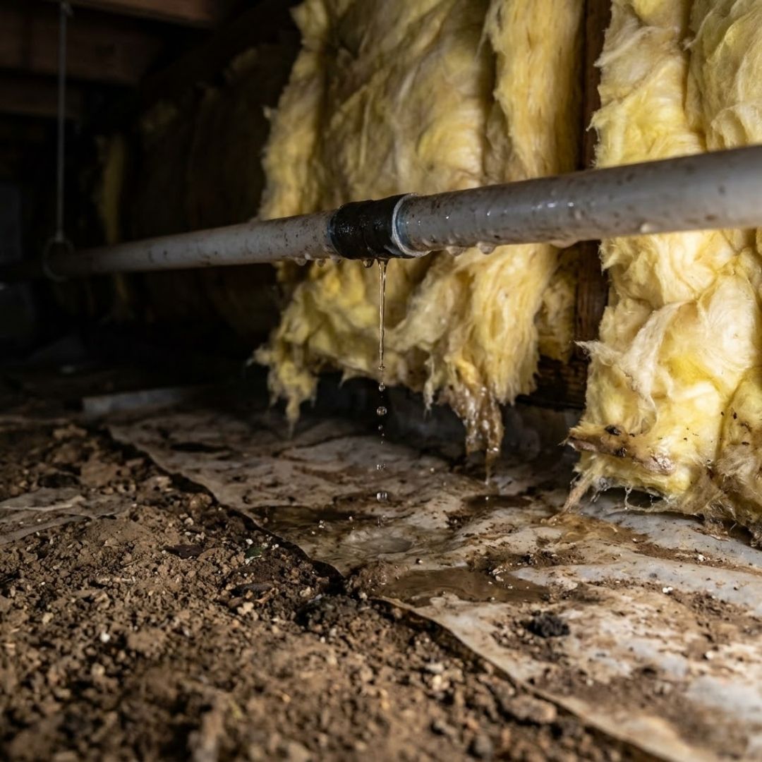 A square photograph capturing significant condensation dripping from pipes in a damp, dark home crawl space.