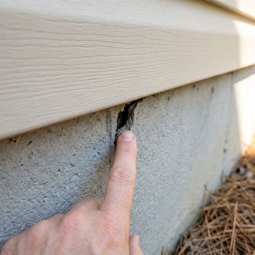 A square image showing a person's hand pointing to a small, hidden gap beneath the siding of a house foundation.