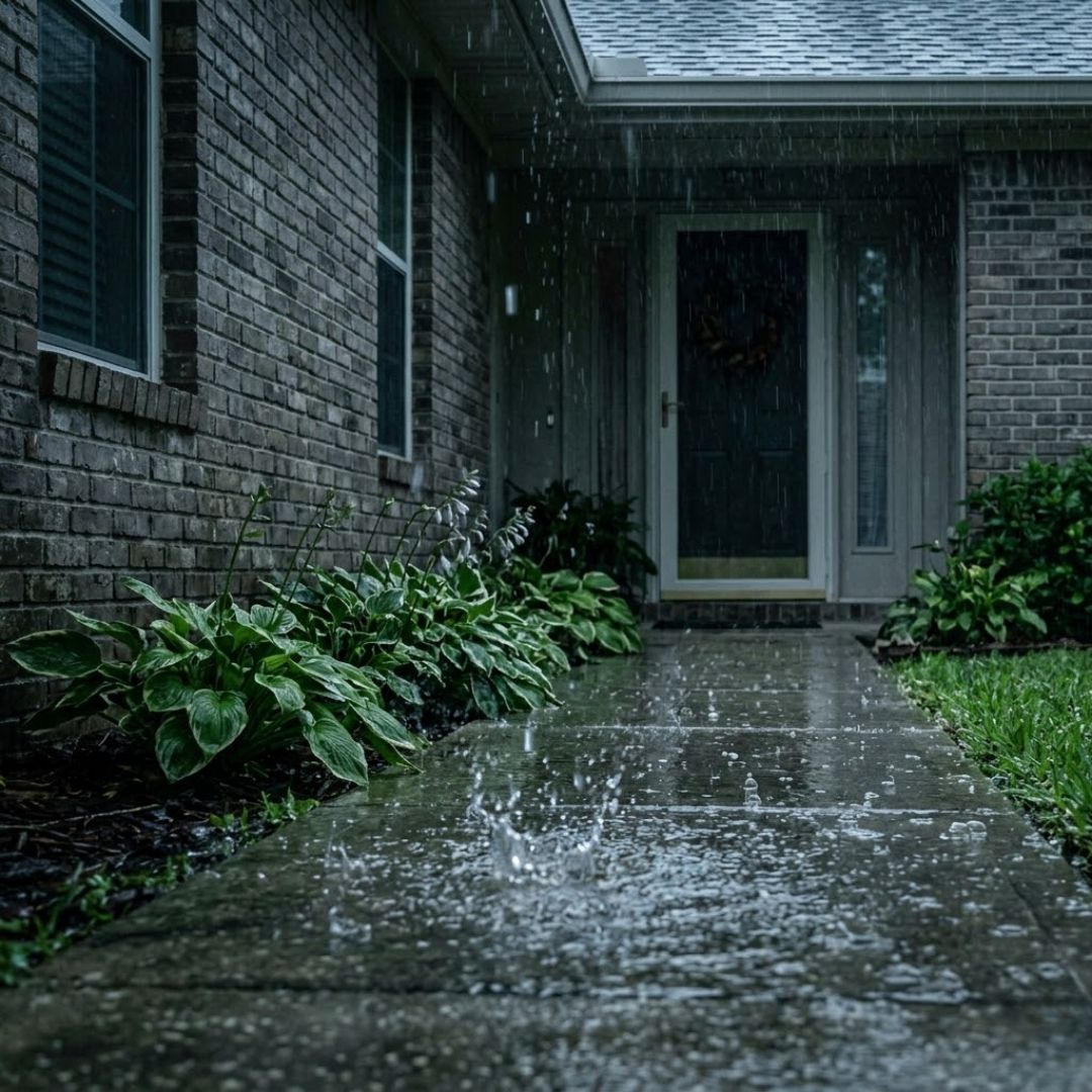A square photograph capturing a heavy summer rainstorm soaking the exterior and foundation of a Southern brick home.
