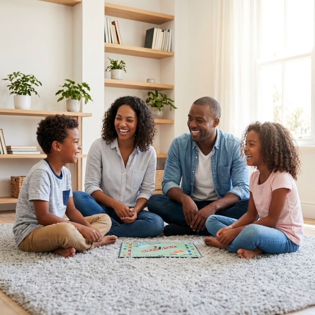 A happy family relax on a clean, sunlit living room floor