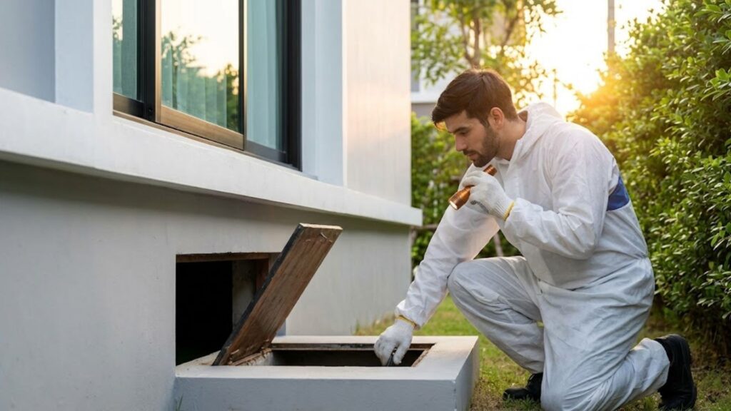 Worker inspects crawl space opening under warm sunlight.