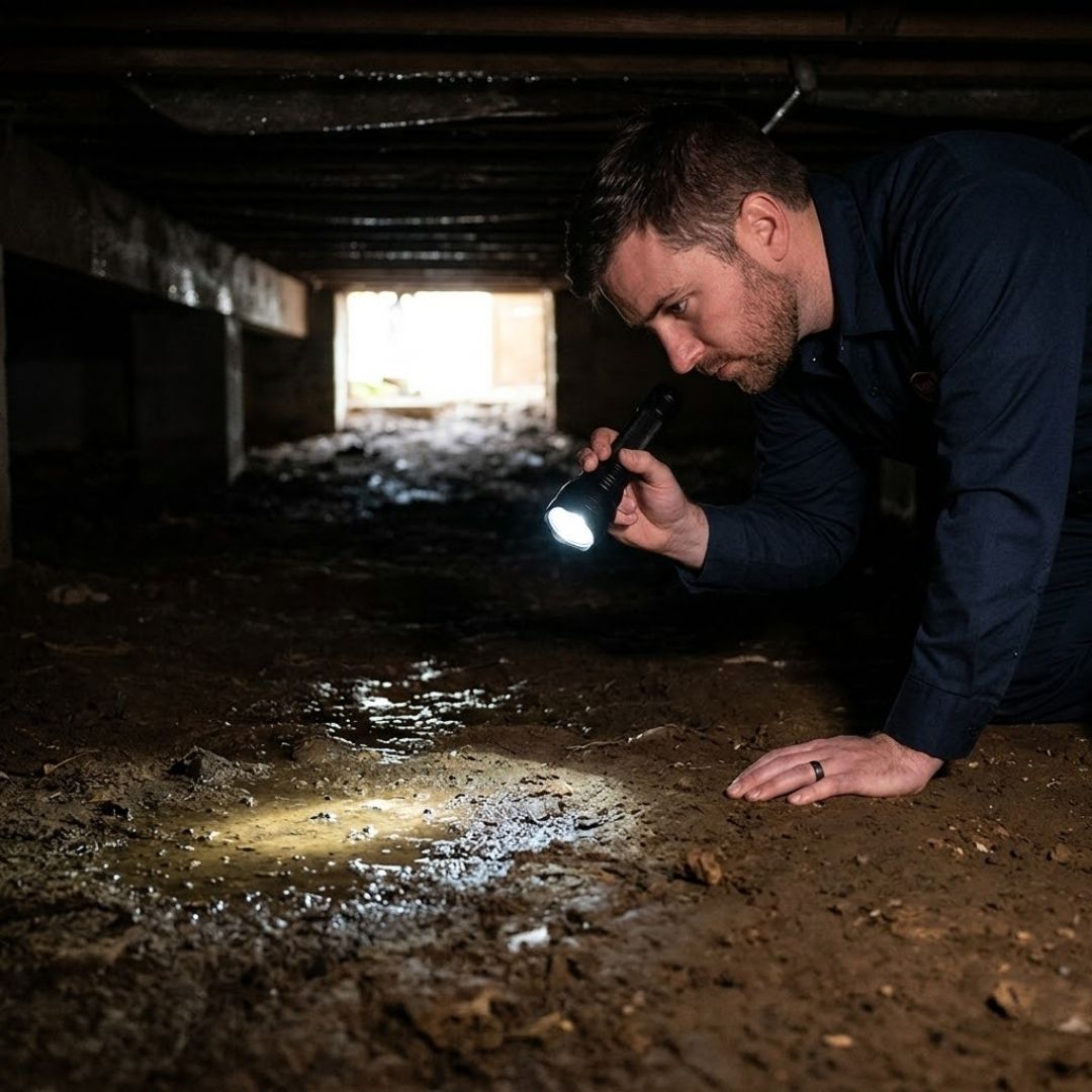 Worker inspects crawl space opening under warm sunlight.