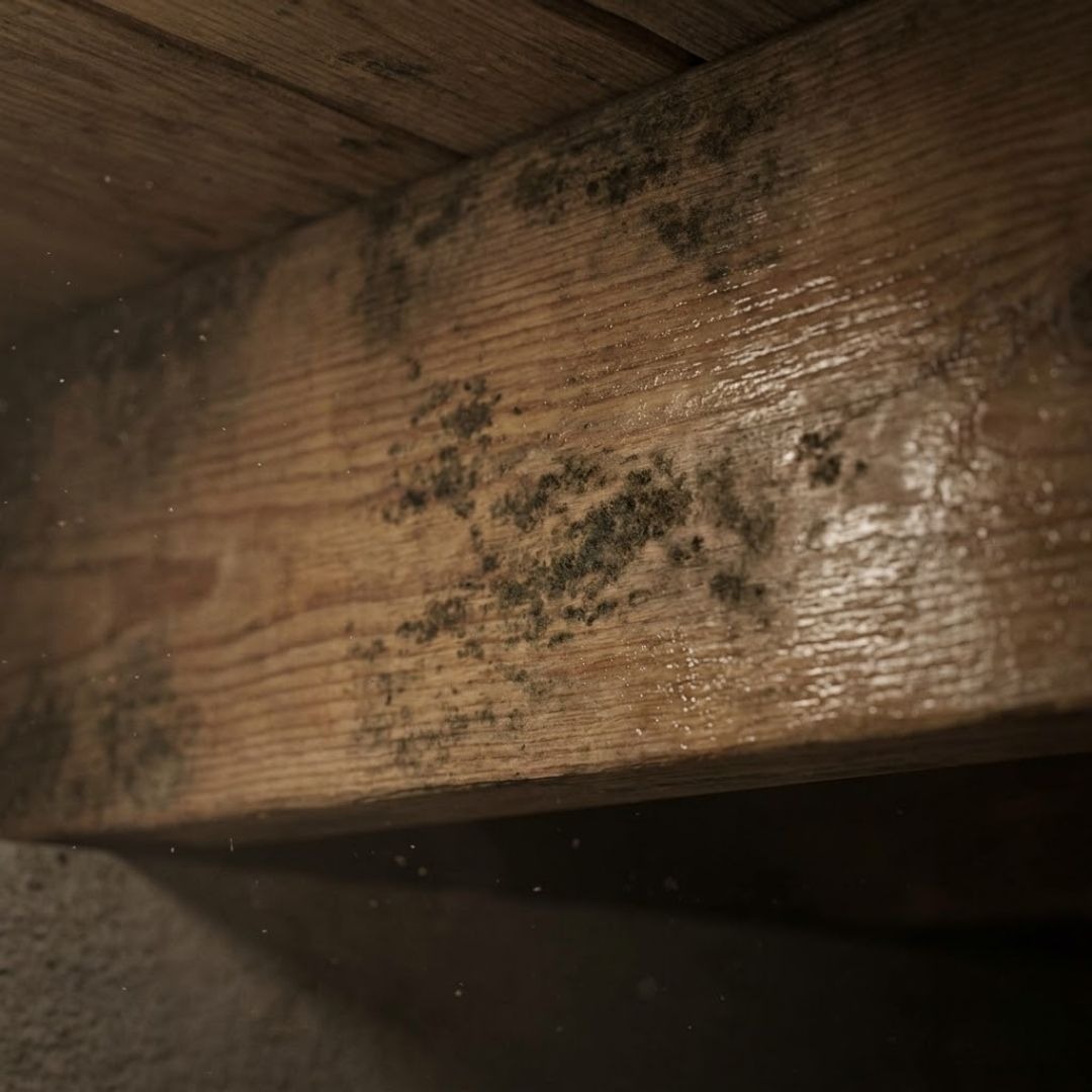 Technician shines flashlight on damp dirt crawl space floor.