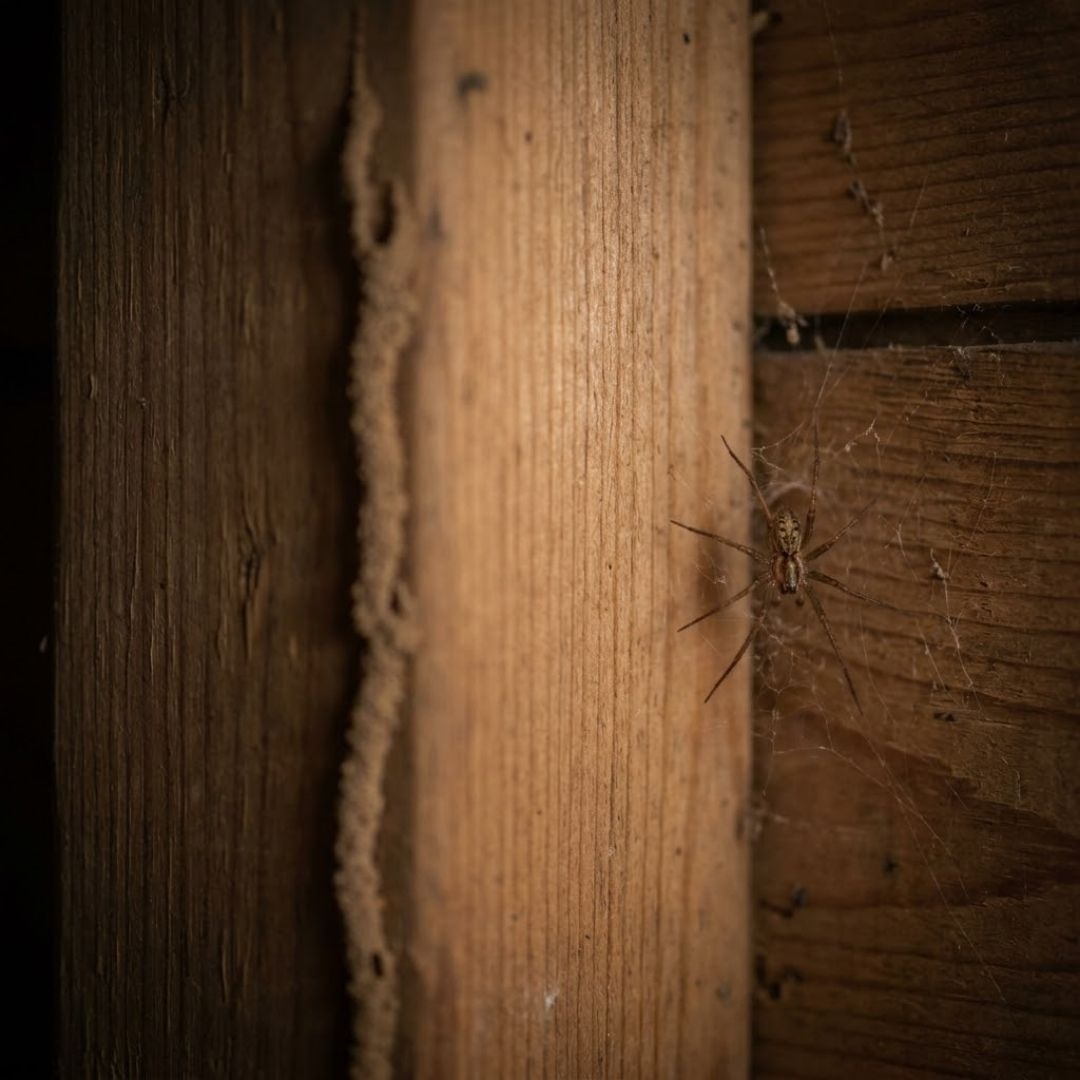 Close-up of dark mold growing on damp crawl space wood joist.