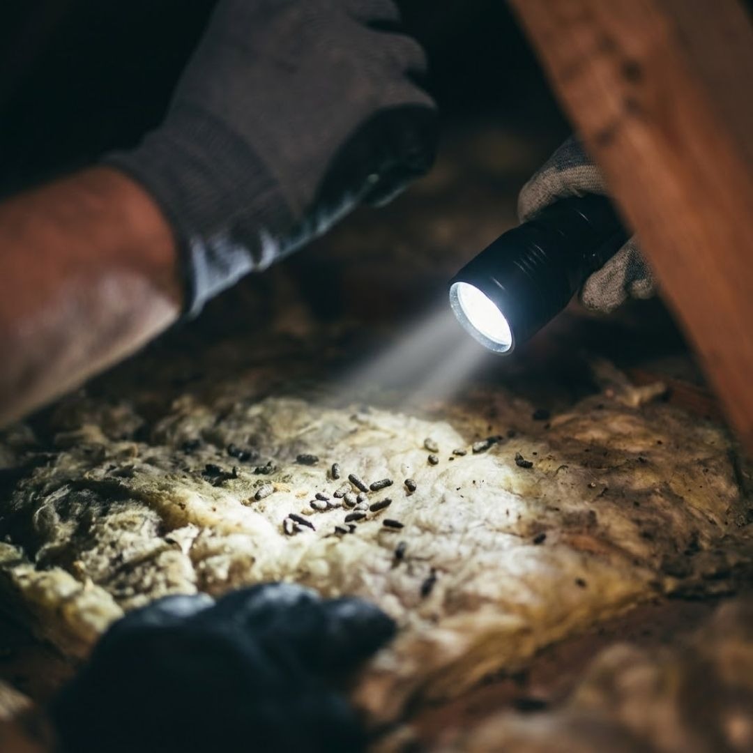 A wide-angle view of an old attic with worn, dirty insulation.