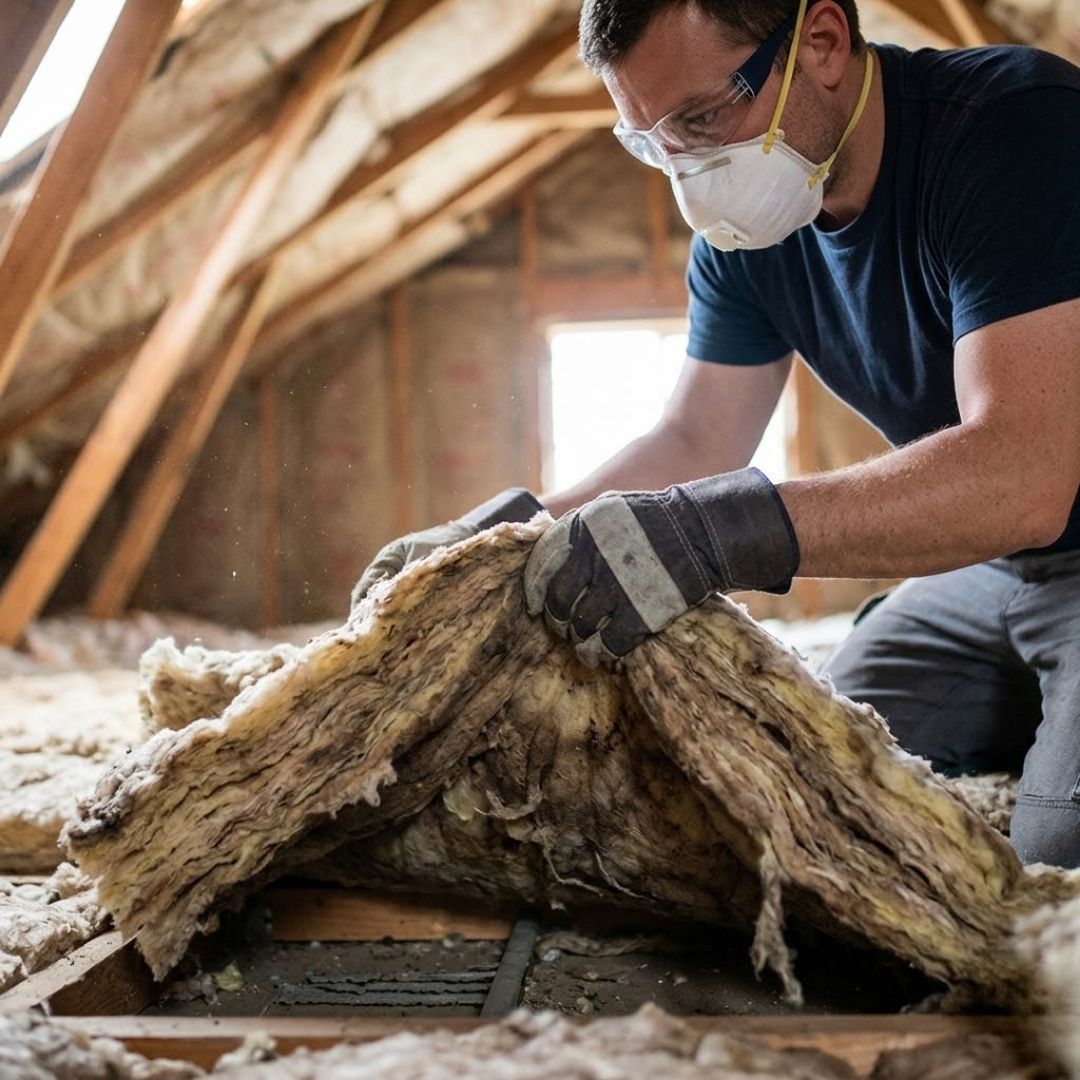 A gloved hand shines a flashlight on droppings in insulation.