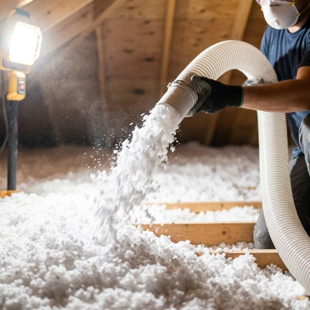 A worker in a mask removes old insulation.