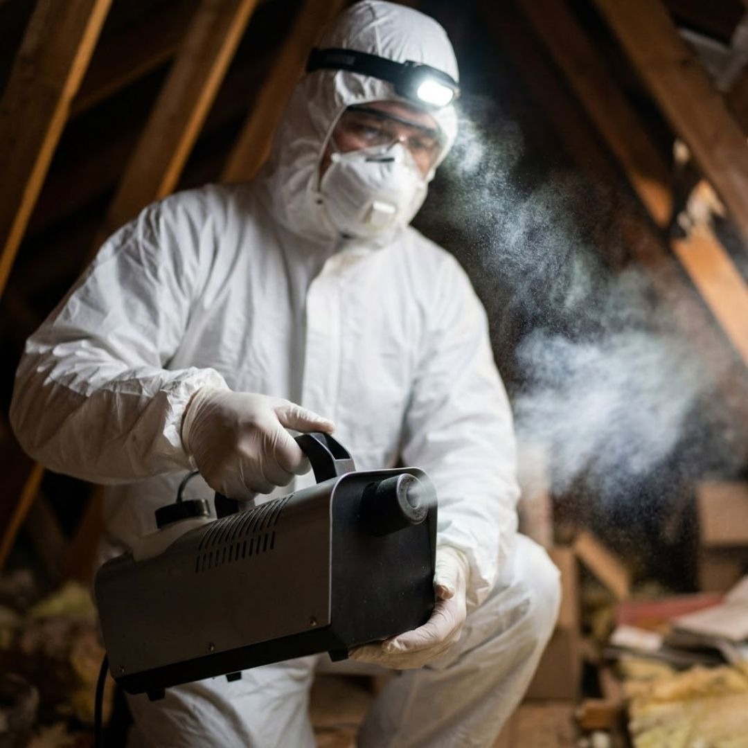 Fresh, white insulation being blown into an attic.