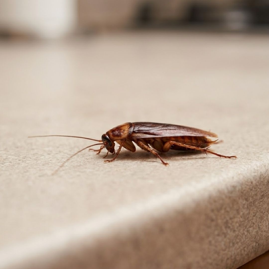 A focused square shot of a single Southern cockroach on a clean countertop.