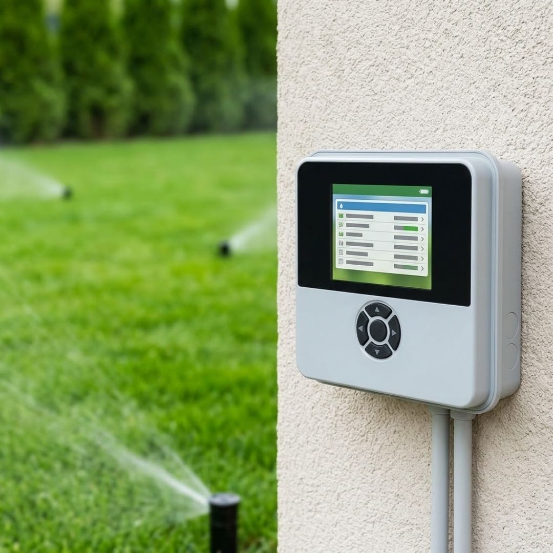 A modern automatic irrigation controller is mounted on an exterior wall, showing an active watering schedule.