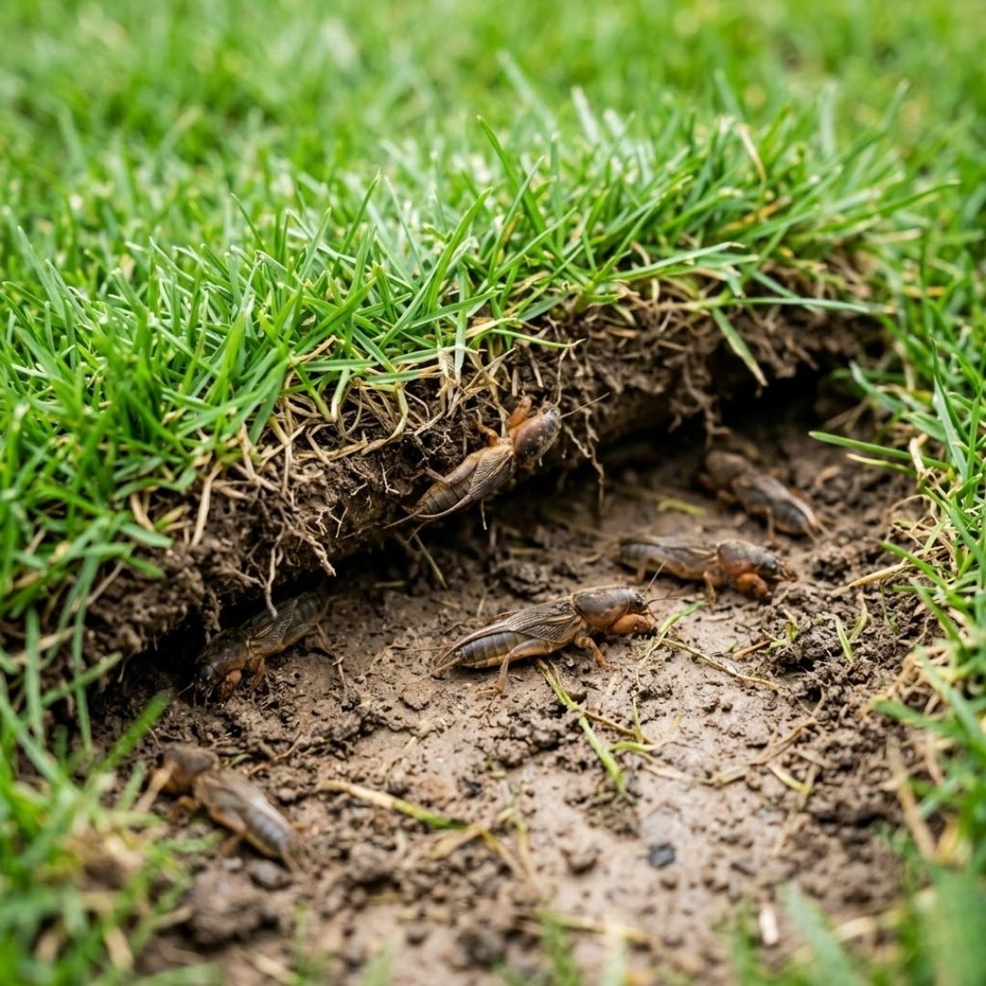 A section of turf is lifted back to reveal destructive mole crickets in the soil.