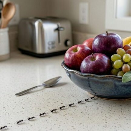 A close-up, high-angle shot of a clean kitchen countertop with a small trail of ants near a fruit bowl.