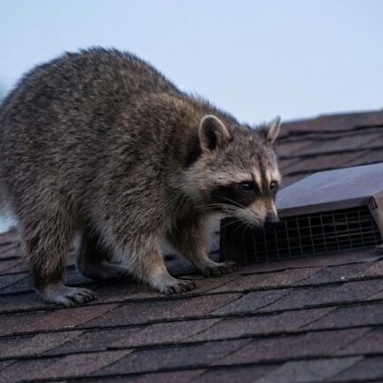 A raccoon examines an attic vent on a shingle roof at dusk.